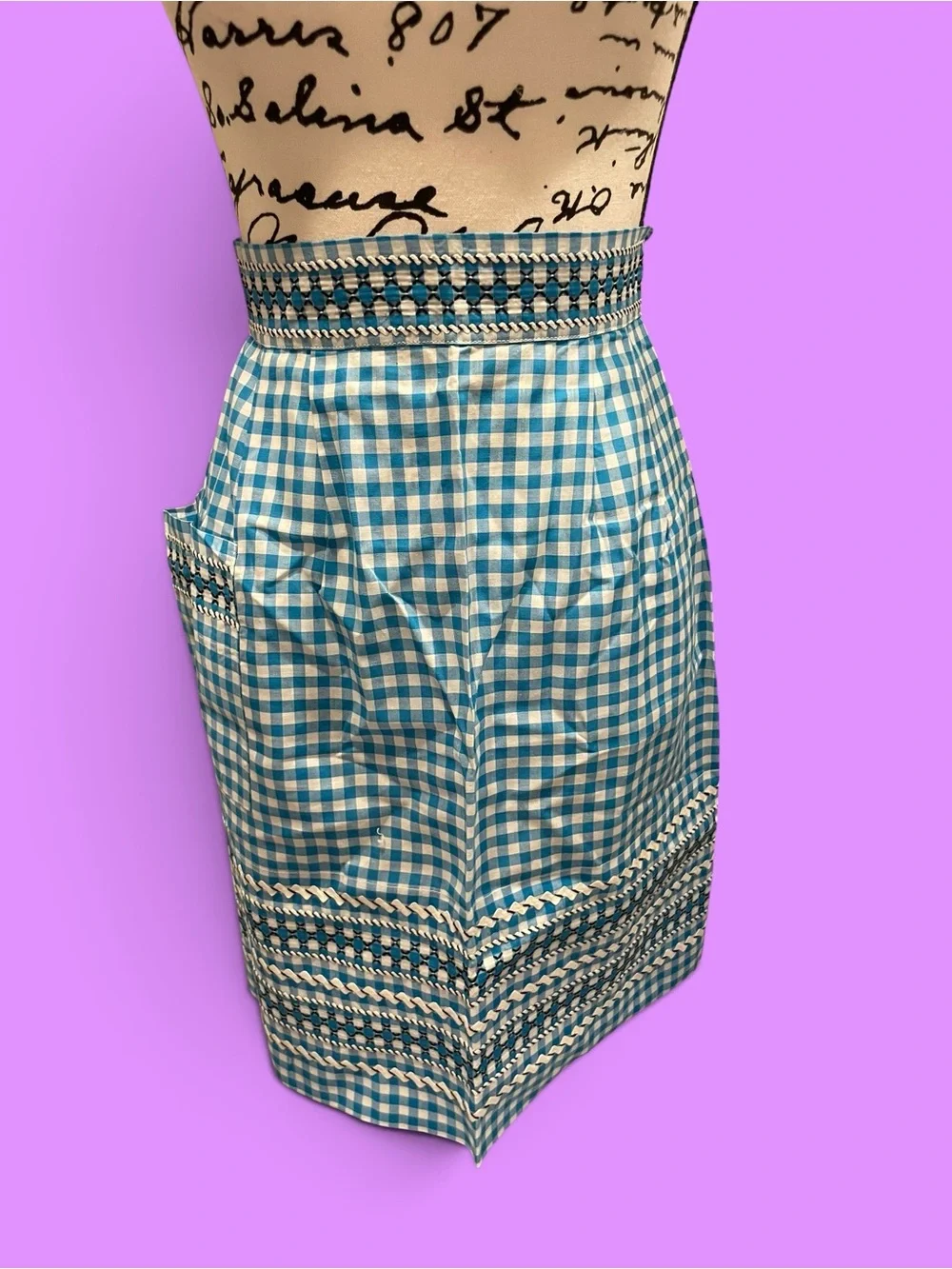 Cute retro mod vintage traditional blue gingham pocket apron embroidered